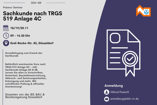 Grundlehrgang TRGS 519 Anlage 4C – Sachkunde für Arbeiten an Asbestzementprodukten in Düsseldorf ab 18.11.2025